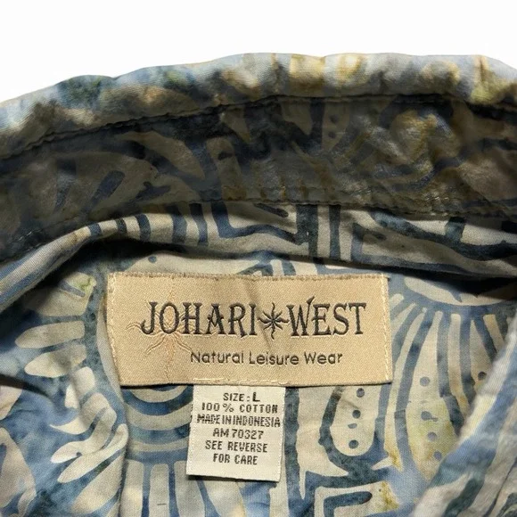 Johari West Batik Hawaiian Shirt Men's Large Blue 100% Cotton Short Sleeve Beach - Picture 7 of 8
